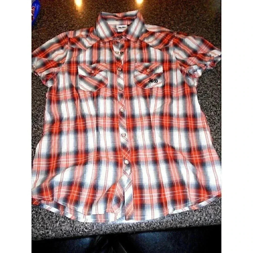 Women's Harley Davidson Orange Black Short Sleeved Small Medium Snaps